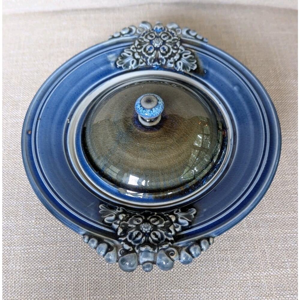 Studio Art Pottery Lidded Dish Bowl Stoneware Blue Glaze Floral Handles Signed